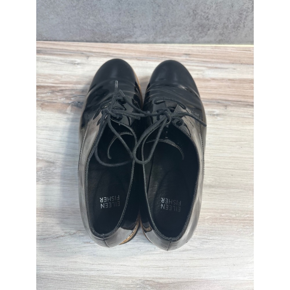 Eileen Fisher Eddy Derby SZ 9 Black Patent Leather Lace Up Oxford Platform Shoes - Picture 6 of 12